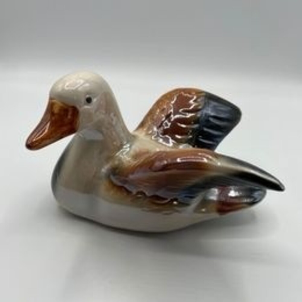 Ceramic Glazed White and Brown Duck Figure